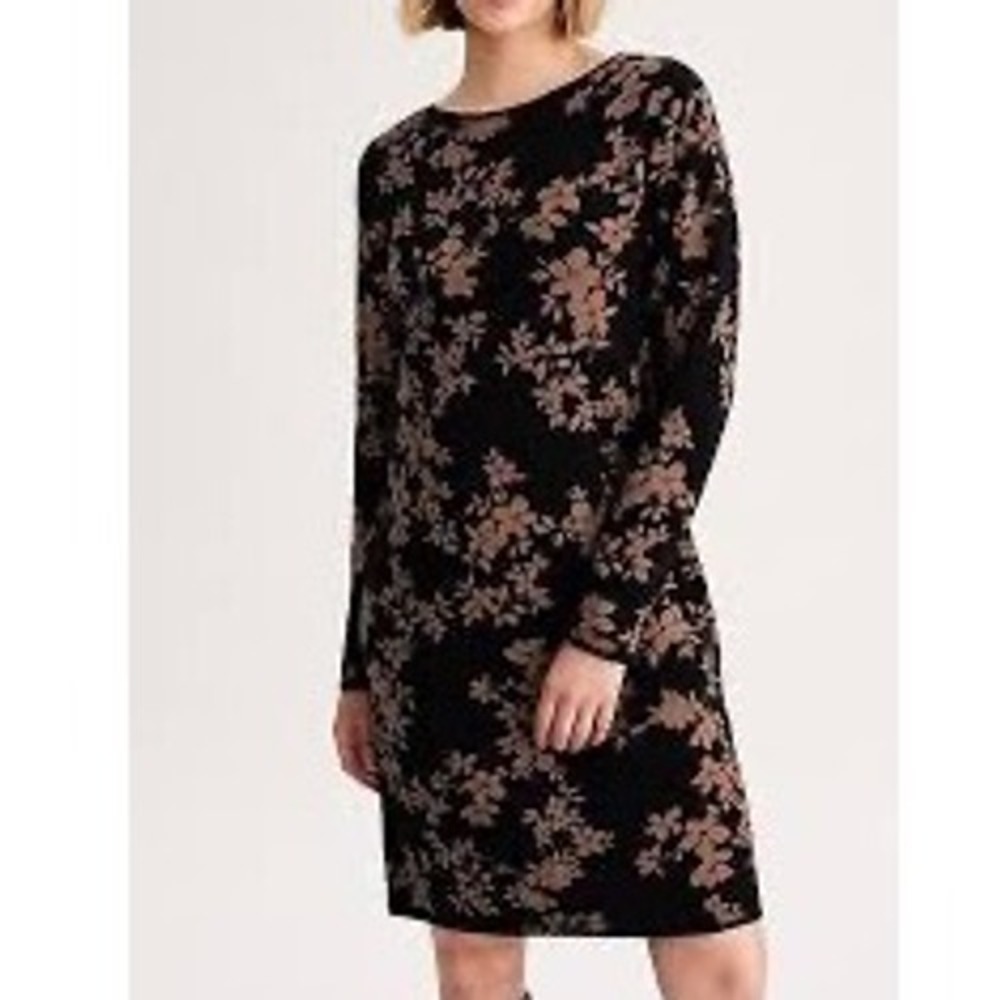 J. Jill Women's Petite XL Black Beige Floral Long Sleeve Jacquard Sweater Dress